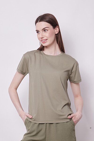 Jument Women's Khaki T-shirt Blouse - Null Collar, Non-Wrinkle Span, Stylish Short Sleeve, Lycra
