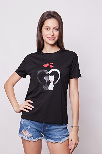 Jument Black Cat Heart Pattern - Non-Wrinkle Span Blended T-shirt Blouse, Stylish Short Sleeve
