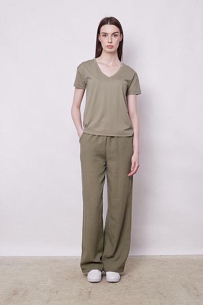 Jument Bluză de tricou kaki pentru femei - Decolteu în V, mânecă scurtă, țesătură Lycra Span Elegant
