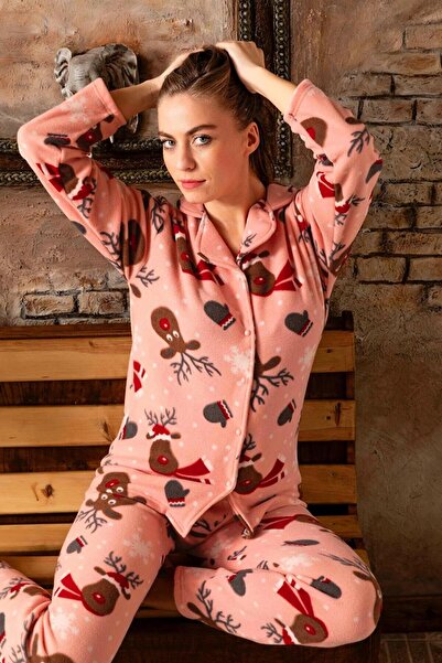 CALİA Χειμερινό Fleece Λούτρινο Σετ Πυτζάμες Γυναικεία - Μακρυμάνικο, Μπροστινό Κουμπί, Ζεστό