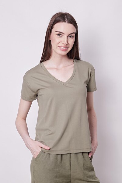 Jument Khaki Women's T-Shirt Blouse - V-Neck, Short Sleeve, Lycra Span Fabric Stylish