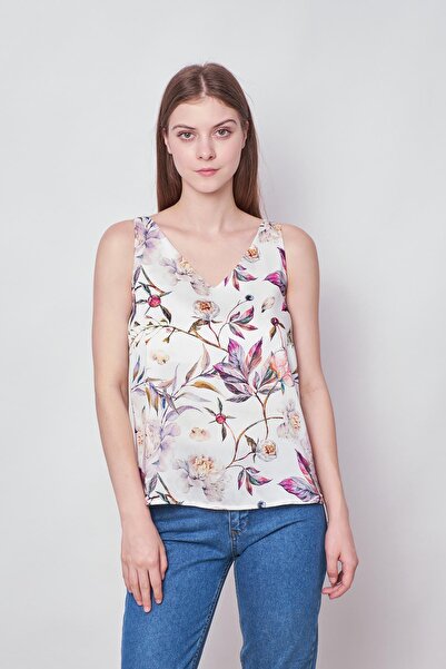 Jument Αμάνικο μπουφάν με λαιμόκοψη σε σχήμα V - Κομψό ύφασμα, στάμπα, μπλούζα χωρίς Lycra-Cream Flower