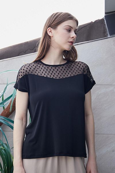 Jument Lycra Crepe Fabric - Polka Dot Tulle Detail, Wide Zero Collar, Off-Shoulder Black Blouse