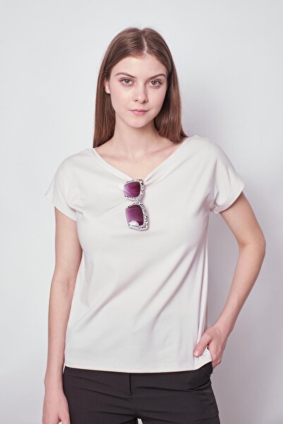 Jument Women's Stylish T-shirt Blouse - Boat Neck, Off Shoulder, Non-Wrinkle Span Blended, Champagne