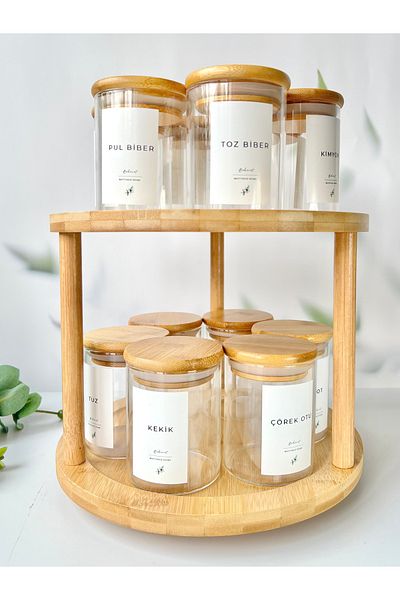 Mottogo 12-Piece Glass Spice Set with Bamboo Rotating Stand and Bamboo Vacuum Lid