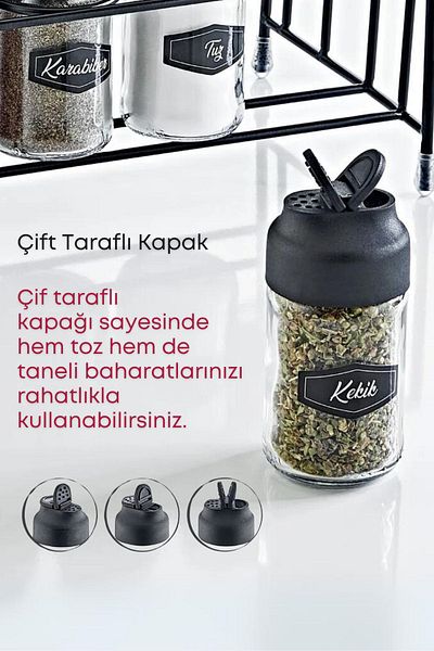 GRİMOR Life Set of 8 Double Covered Glass Spice Jars with Metal Stand - Salt Shaker, Pepper Shaker Spice Set