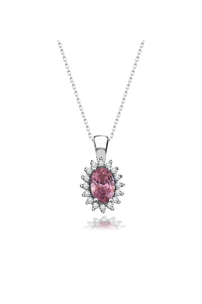SARIASLAN Pembe Taşlı Pırlanta Montürlü Anturaj Gümüş Kolye