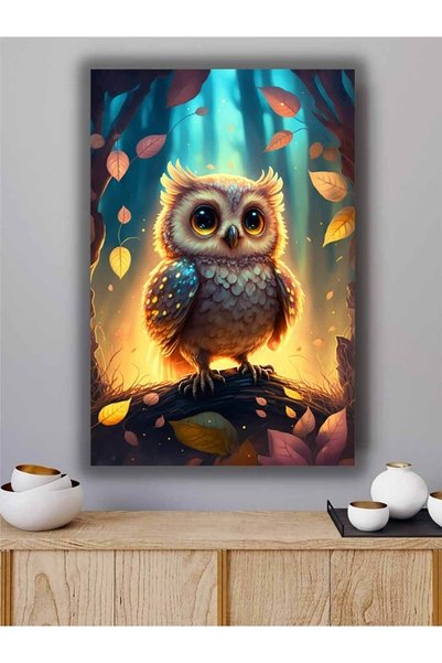TosbArt Baykuş Dijital Baskı Çocuk Odası Dijital Baskı Dikey Kanvas Tablo Otu...