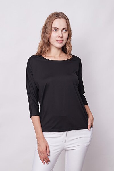 Jument Μαύρη μπλούζα μπλουζάκι για γυναίκες - λαιμόκοψη, νυχτερίδα κάπρι, μανίκι τριών τετάρτων, ύφασμα που δεν τσακίζει
