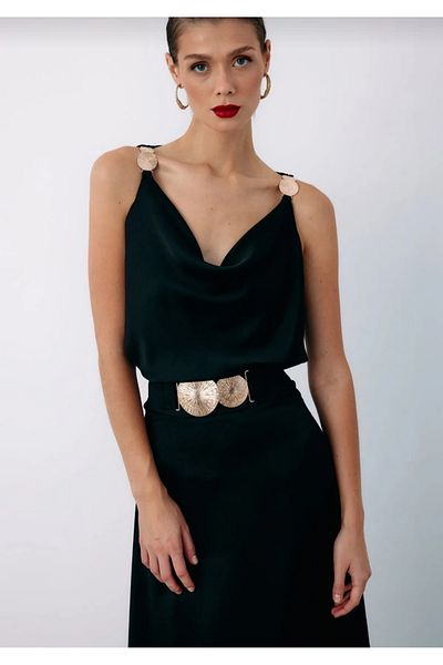 Sateen Bluză lejeră cu accesorii pentru umeri - NEGRU