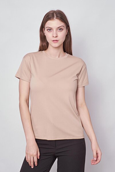 Jument Dark Beige Women's T-shirt Blouse - Null Collar, Non-Wrinkle Span, Stylish Short Sleeve, Lycra