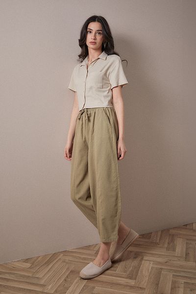 Fulla Moda Ψηλόμεσο λινό φαρδύ παντελόνι με ελαστική μέση
