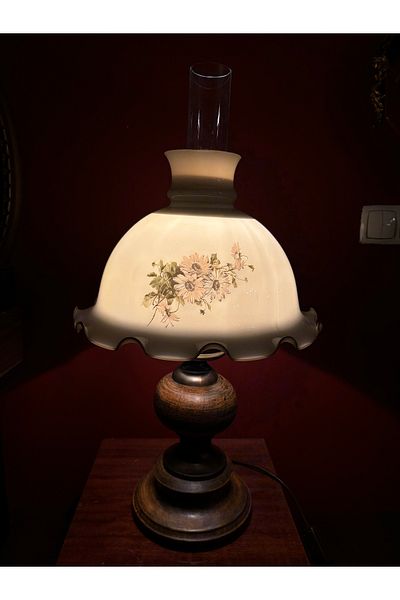 tayfuntufan antika koleksiyon 65 cm Tall French Lampshade with Hand-Painted Opalin Glass and Wooden Body