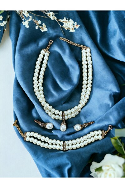 FAYRA ACCESSORIES Kristal Taşlı İnci Tasma Kolye İnci Küpe ve İnci Bileklik Seti