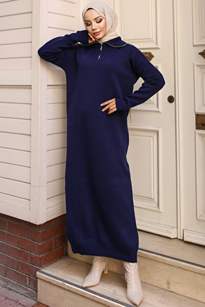 benguen 4008 Трикотажне плаття з застібкою-блискавкою на комірі, темно-синє