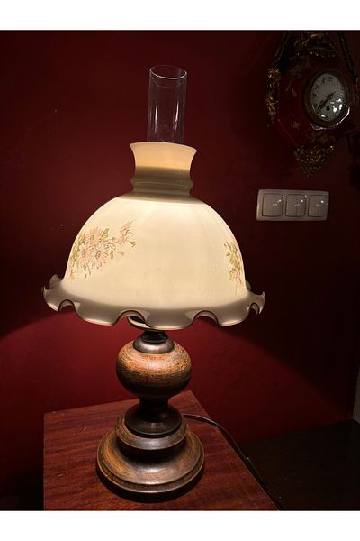 tayfuntufan antika koleksiyon 65 cm Tall French Lampshade with Hand-Painted Opalin Glass and Wooden Body