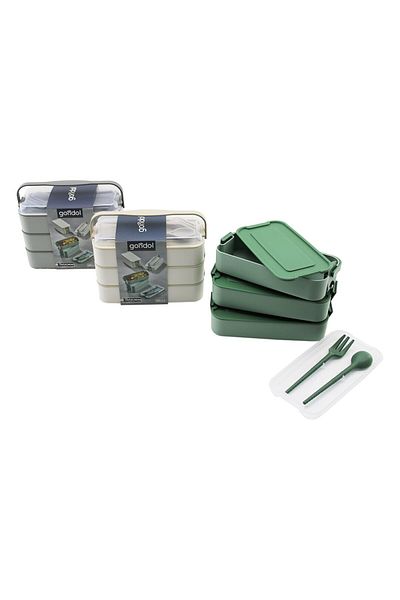 libescarf 420ml Colorful Plastic Lunch Box - 3 Layers, Single Carrying Handle, Fork and Spoon Set (K0)