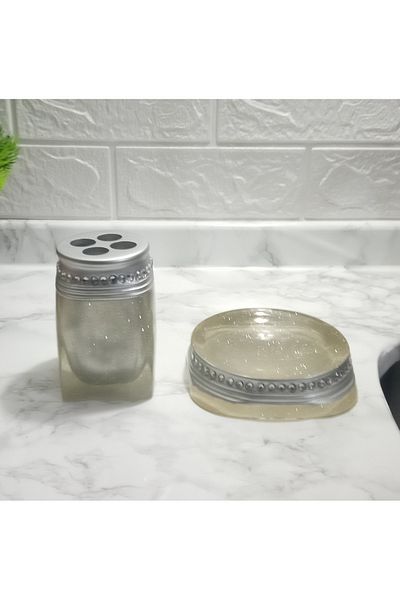 Bosphorus Soap Dish Tooth Brushing 2-Piece Bathroom Set, Crystal Stone Silver Polyres