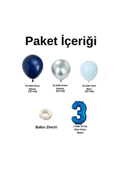 Organizasyon Pazarı 3 Year Old Birthday Set Midnight Blue-Chrome Silver-Light Blue 30 Pieces (Blue)