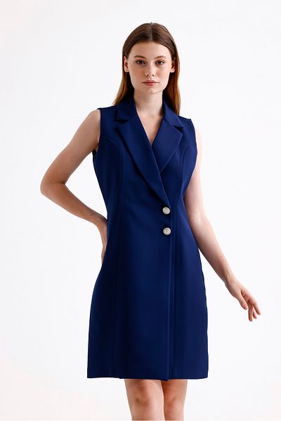 Sense Lined Sleeveless Hürrem Long Jacket Dress |   Ckt35288 Navy Blue
