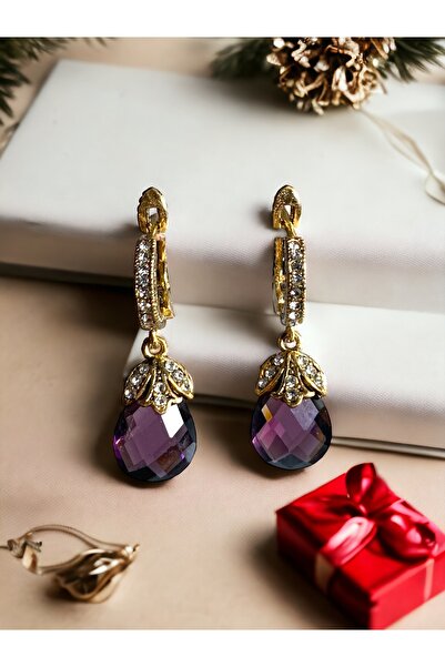 FAYRA ACCESSORIES Mor Zirkon Taşlı Kedi Gözü Küpe