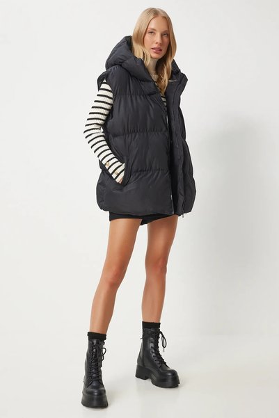 Birru Butik Women's Zippered Hooded Oversize Short Puffer Vest