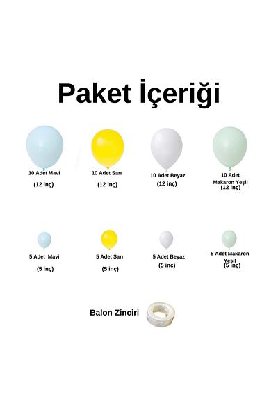 Organizasyon Pazarı 60Pcs Macaron Blue-Yellow-White-Green Balloon Chain Set