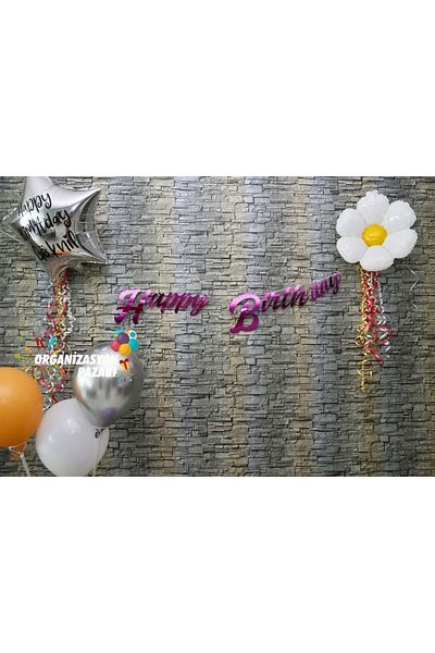 Organizasyon Pazarı Banner scris de mână Happy Birthday metalic colorat fucsia