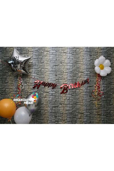 Organizasyon Pazarı Banner scris de mână Happy Birthday metalic de culoare roșie