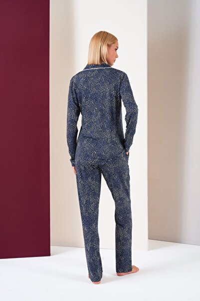 PJS Kadın Düğmeli Biyeli Desenli Alt Cepli Uzun Kol Pijama Takım