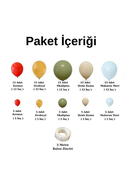 Organizasyon Pazarı 100 Pieces Red-Turmeric-Eucalyptus-Sea Sand-MacaronBlue Balloon Chain Set