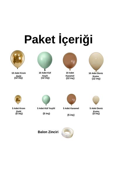 Organizasyon Pazarı 60 Pieces Mildew Green and Chrome Gold Balloon Chain Set - Sea Sand