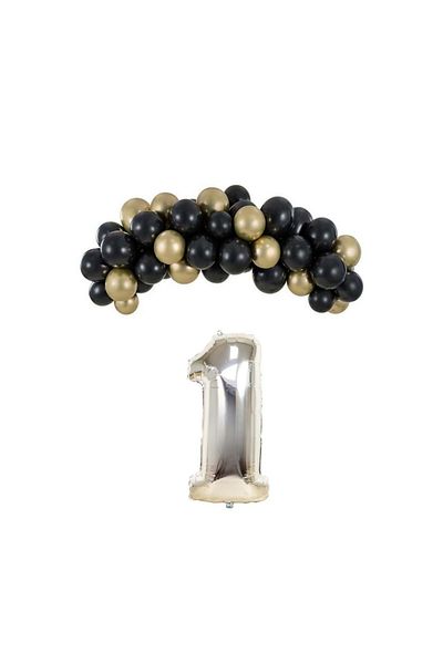Organizasyon Pazarı 1 Year Old Birthday Set Black-Chrome Gold 30 Pieces (Silver)