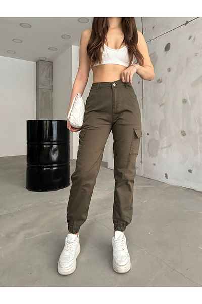 BİKELİFE Khakifarbene Hose aus Gabardine-Stoff mit Cargotaschen