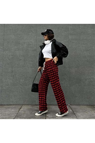 weywot Black Plaid Thin Cashmere Cotton Tracksuit on Red