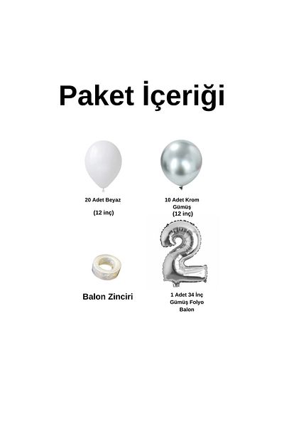 Organizasyon Pazarı 2-34 Pole White-Chrome Silver Balloon Set - 30 Pieces Foil Chain