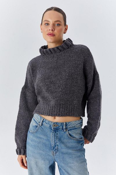 Mixray 6883 Model Anthracite Crop Knit Sweater - Ruffle Detailed