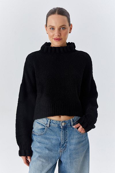 Mixray Black Crop Knitwear Sweater - 6883 Model, Ruffle Detail