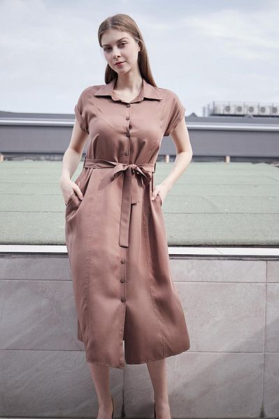 Jument Φόρεμα Iyocell Flowy Midi μήκους μέχρι το γόνατο - Κομψό ύφασμα, λαιμόκοψη, εκτός ώμου, διπλά μανίκια και κορδόνια