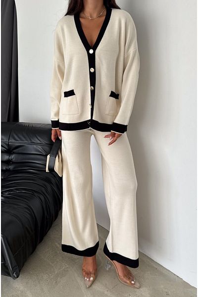 VOOLSTYLE Women's Off-Shoulder V-Neck Pocket Cardigan Wide-Leg Trousers Knitwear Set