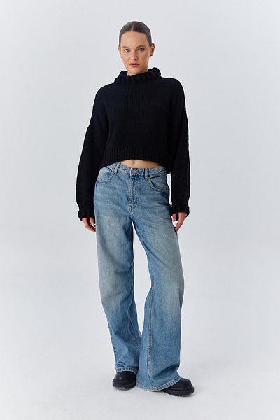 Mixray Black Crop Knitwear Sweater - 6883 Model, Ruffle Detail