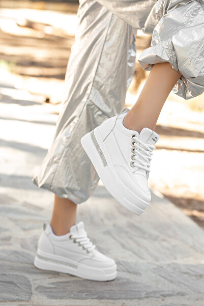 Ayakkabı Delisiyim Hidden Wedge Heel Thick Sole Stone Lace-Up White Women's Sneaker Sports Shoes Robin
