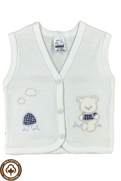 Miniel Baby Boy Mushroom Teddy Bear Embroidered Organic Cotton 3-6-9 Months 2-Piece Combed Cotton Baby Vest - Blue