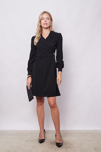 Jument Țesătură creponată din lycra ușoară - rochie jachetă cu guler și mâneci adunate - negru