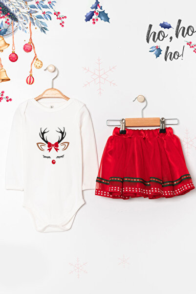 Beniizle Geyik Baskılı Tütü Etekli Kız Bebek Noel Takım