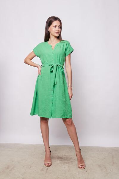 Jument B.Πράσινο φόρεμα μέχρι το γόνατο εκτός ώμου με λινό ανάμεικτο casual φόρεμα - με λεπτομέρεια γιακά και κουμπιά