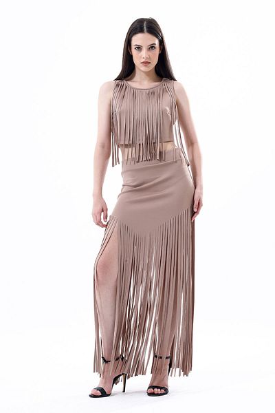 Sense Fusta rochie de seara cu ciucuri de scuba culoare piatra - Etk33855