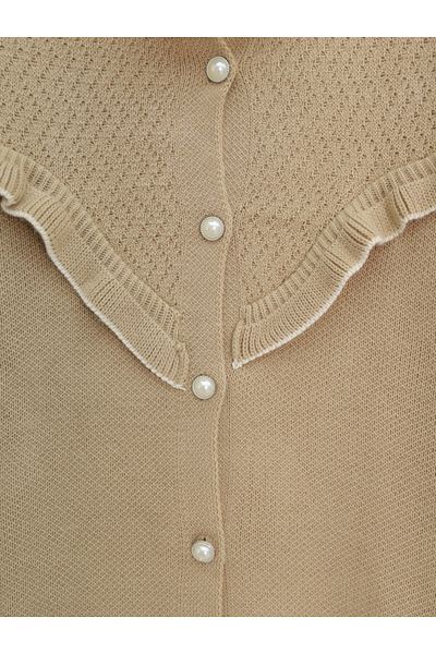 Modamorfo Rüschen-Strickjacke mit Perlen und Knöpfen – helles Nerz