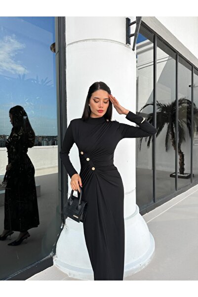 HARMONY GLOBAL Yarım Balıkçı Yaka Omzu Vatkalı Gold Düğmeli Detaylı Büzgülü Maxi Boy Sandy Elbise Siyah 128