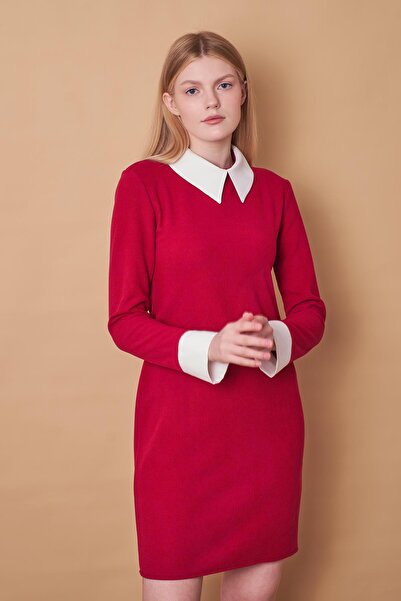 Jument Γυναικείο πλεκτό φόρεμα με μακρυμάνικο μακρυμάνικο πάνω από το γόνατο - μπορντό